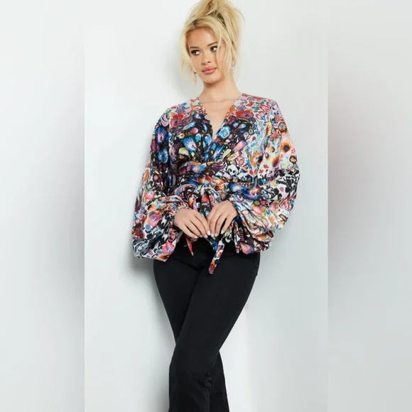 Jovani Beautiful Wrap Around Blouse With Bishop Sleeve Size 6 New With Tags - Picture 2 of 15